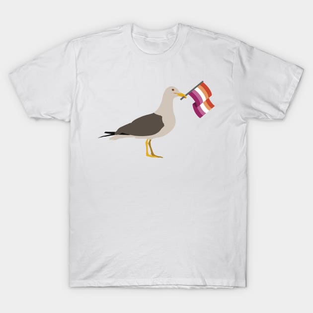 Seagull Holding Lesbian Pride Flag T-Shirt by JustGottaDraw